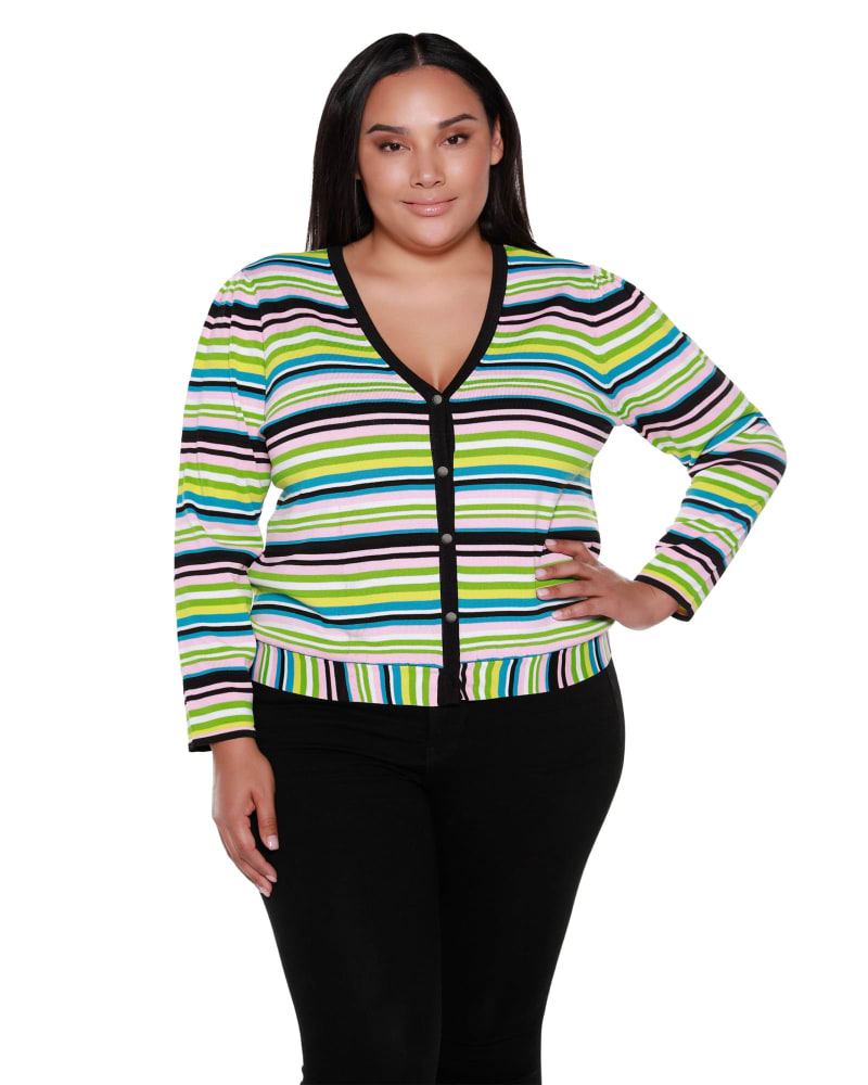 Front of a model wearing a size 1X Molly Striped Button Up Cardigan in Multi Stripe by Belldini Black Label. | dia_product_style_image_id:285037